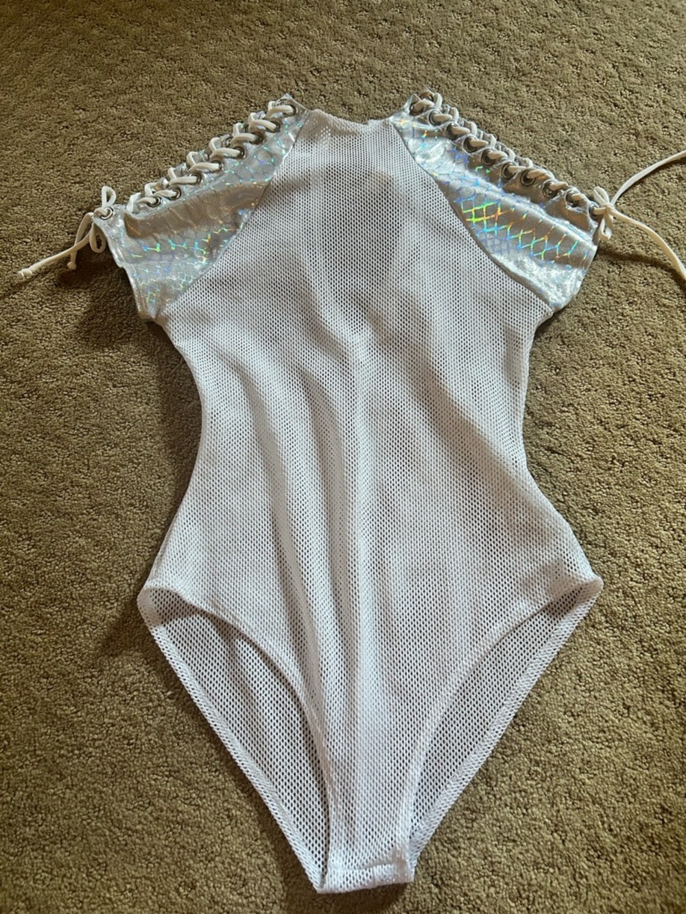 Raver Girl White Mesh Bodysuit with Iridescent Lace-Up Shoulders